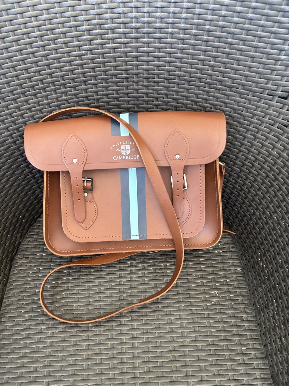 Cambridge Branded Tan Leather Satchel with Blue Stripe